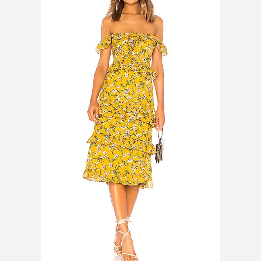 Recolve Tularosa Yellow Dolly Floral Off-Shoulder Ruffle Tiered Midi Dress Sz XL